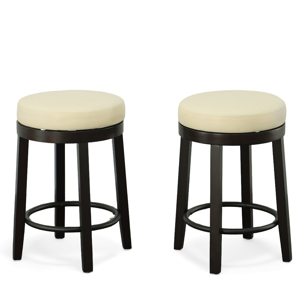 Set of Two 24 Cream and Espresso Faux Leather and Solid Wood Backless Counter Height Swivel Bar Chairs