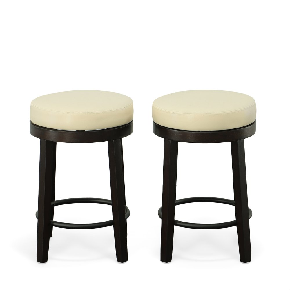 Set of Two 24 Cream and Espresso Faux Leather and Solid Wood Backless Counter Height Swivel Bar Chairs