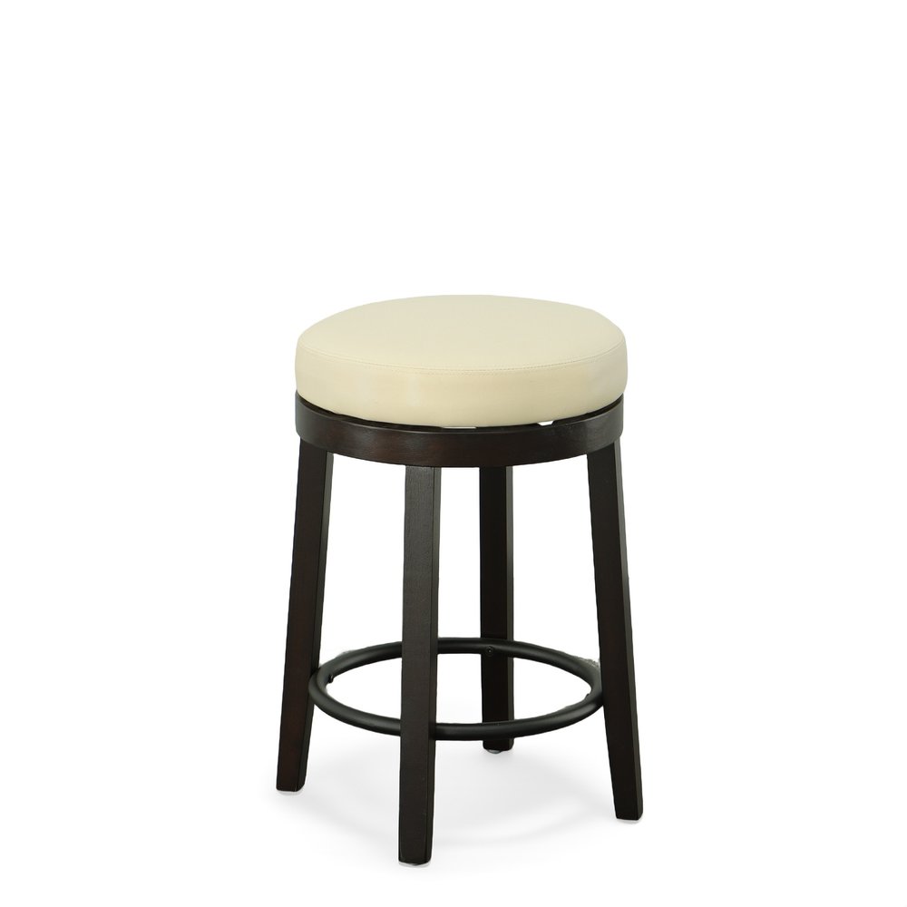 Set of Two 24 Cream and Espresso Faux Leather and Solid Wood Backless Counter Height Swivel Bar Chairs