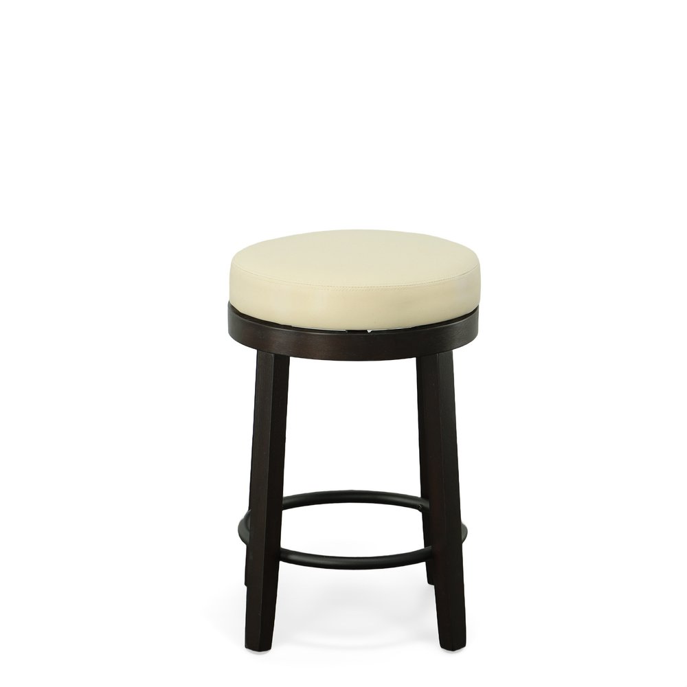 Set of Two 24 Cream and Espresso Faux Leather and Solid Wood Backless Counter Height Swivel Bar Chairs