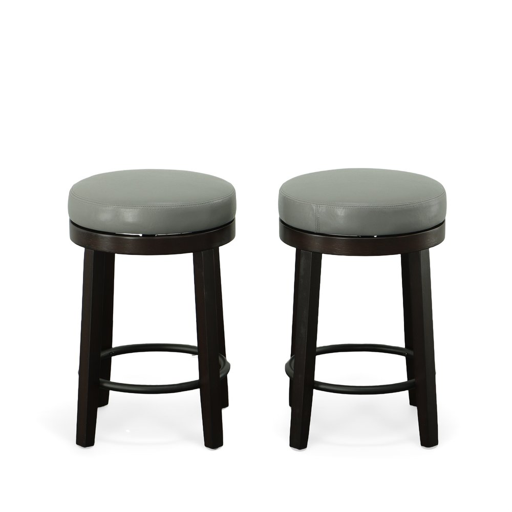 Set of Two 24 Gray and Espresso Faux Leather and Solid Wood Backless Counter Height Swivel Bar Chairs