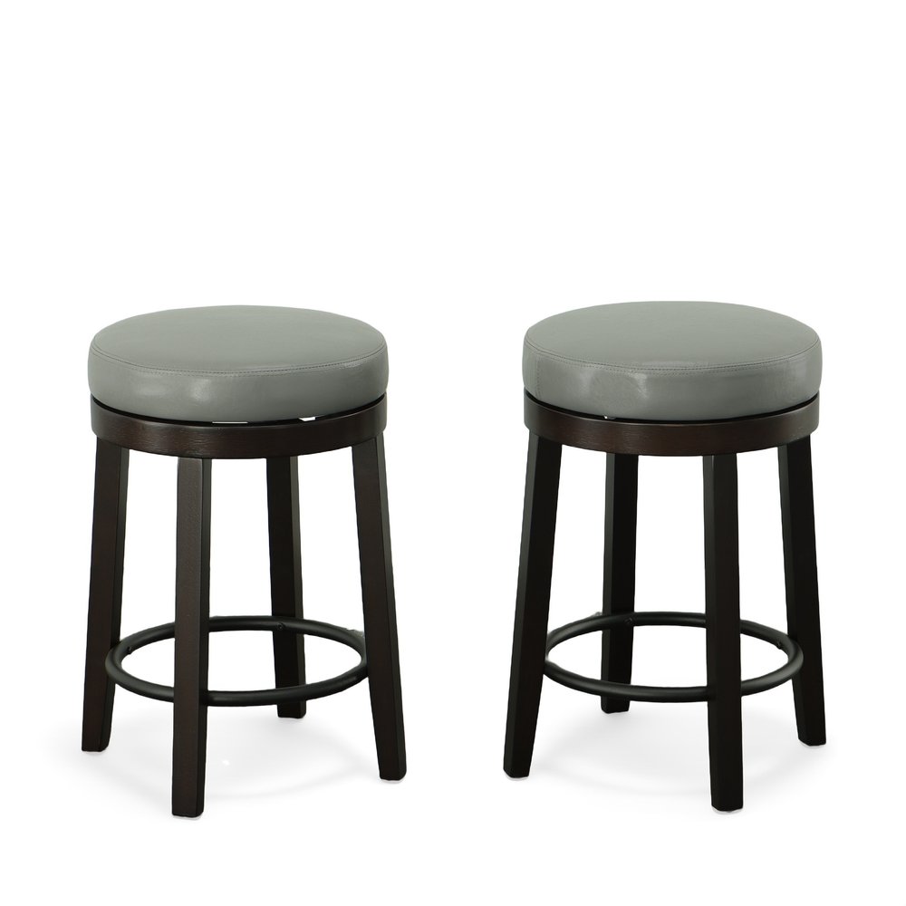 Set of Two 24 Gray and Espresso Faux Leather and Solid Wood Backless Counter Height Swivel Bar Chairs