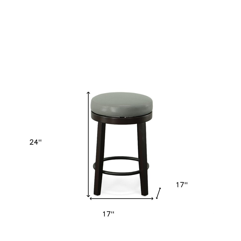 Set of Two 24 Gray and Espresso Faux Leather and Solid Wood Backless Counter Height Swivel Bar Chairs