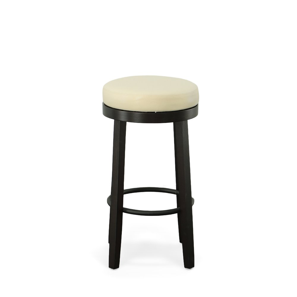Set of Two 30 Cream and Espresso Faux Leather and Solid Wood Backless Bar Height Swivel Bar Chairs