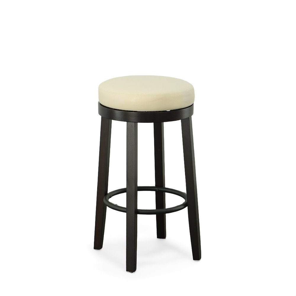 Set of Two 30 Cream and Espresso Faux Leather and Solid Wood Backless Bar Height Swivel Bar Chairs