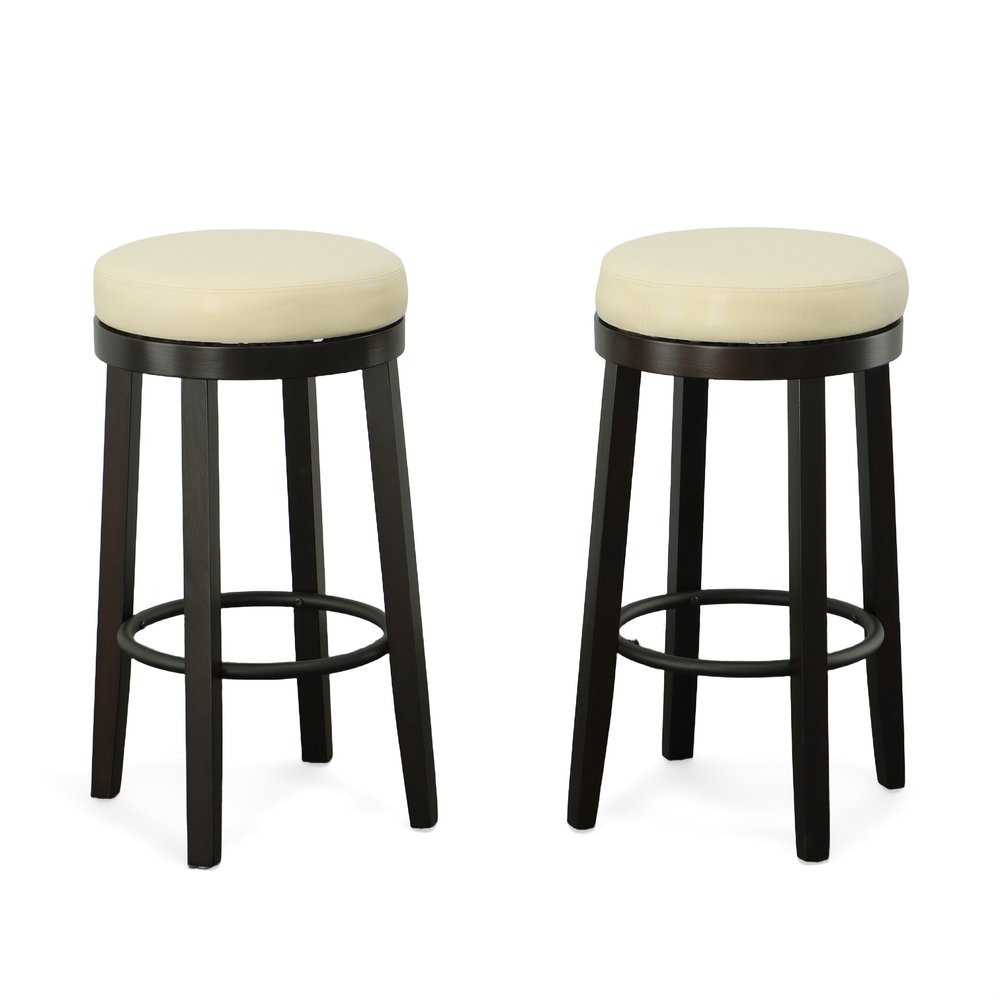 Set of Two 30 Cream and Espresso Faux Leather and Solid Wood Backless Bar Height Swivel Bar Chairs