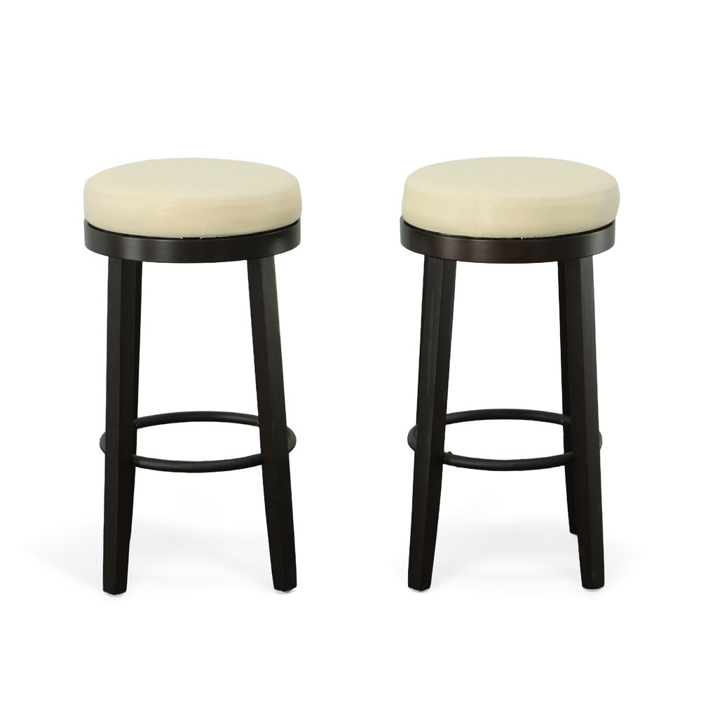 Set of Two 30 Cream and Espresso Faux Leather and Solid Wood Backless Bar Height Swivel Bar Chairs