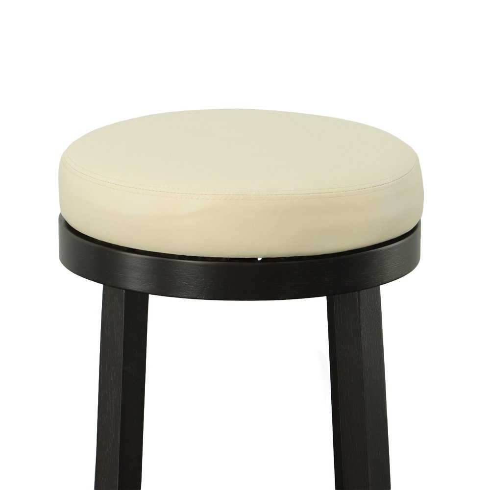 Set of Two 30 Cream and Espresso Faux Leather and Solid Wood Backless Bar Height Swivel Bar Chairs