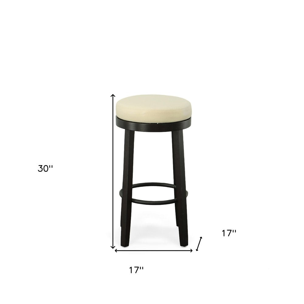 Set of Two 30 Cream and Espresso Faux Leather and Solid Wood Backless Bar Height Swivel Bar Chairs