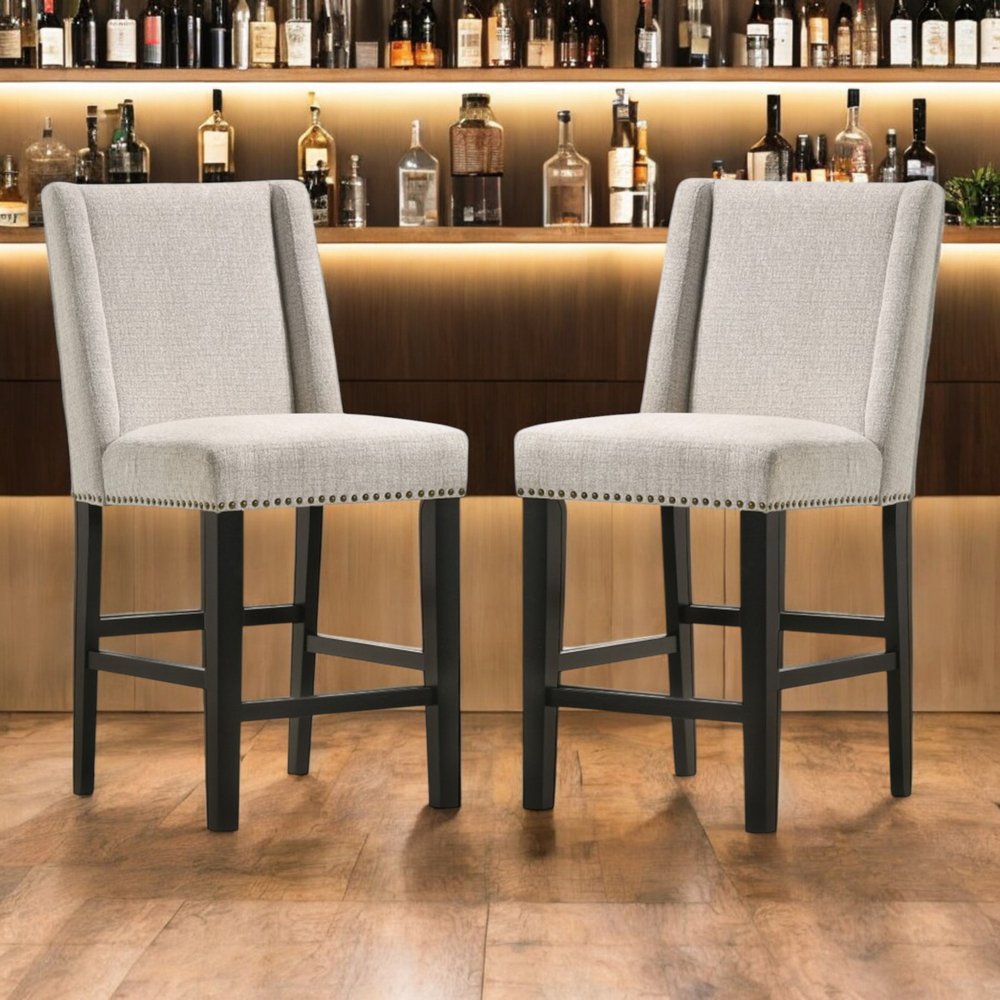 Set of Two 42 Fawn and Espresso Iron Bar Chairs