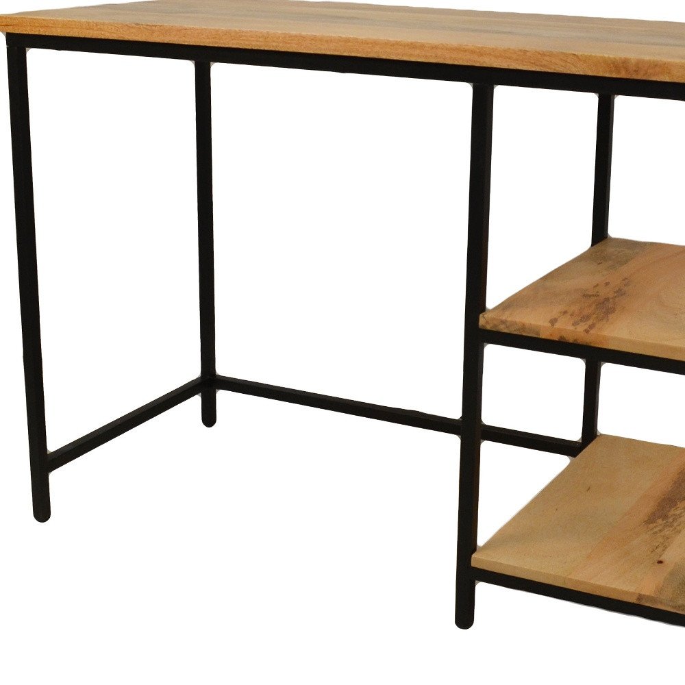 Natural and Black Solid Wood and Metal Computer Desk - 42-inch