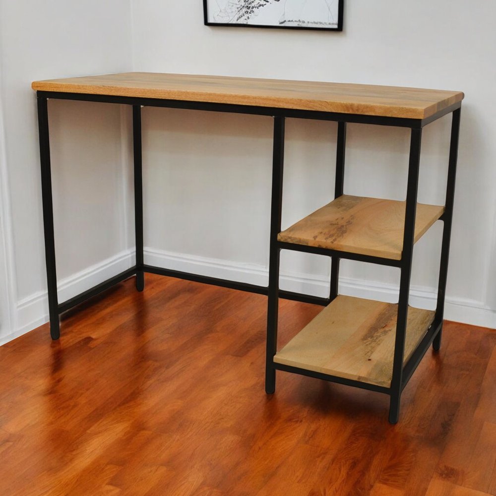 Natural and Black Solid Wood and Metal Computer Desk - 42-inch