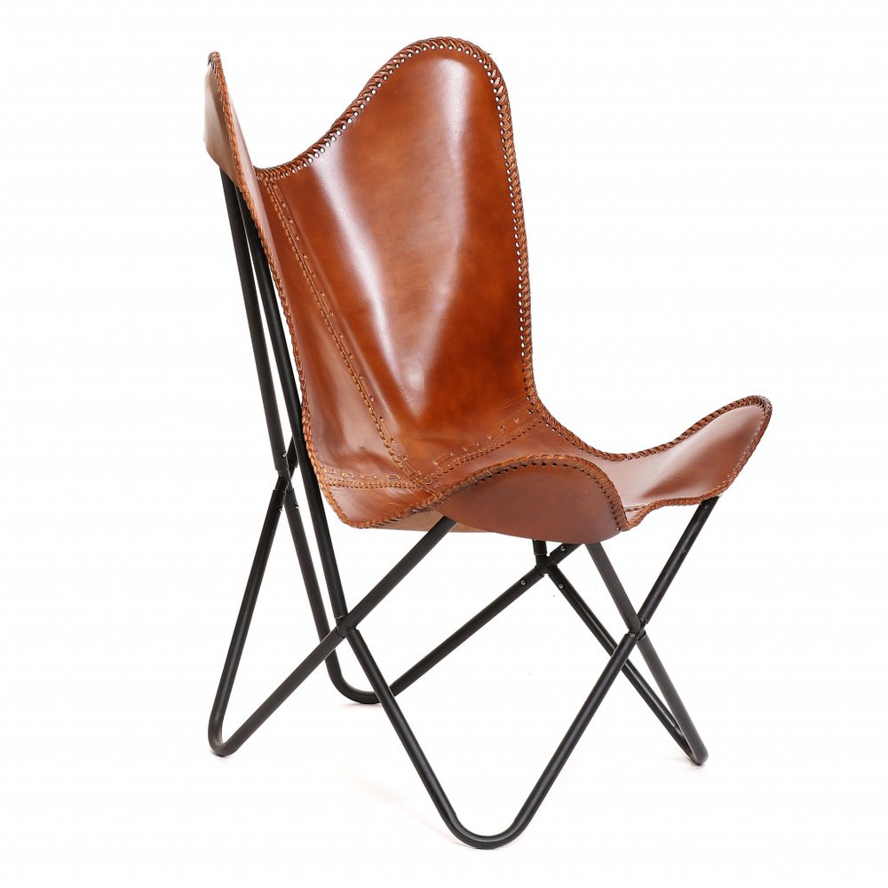 Brown and Black Genuine Leather Butterfly Chair - 32-inch