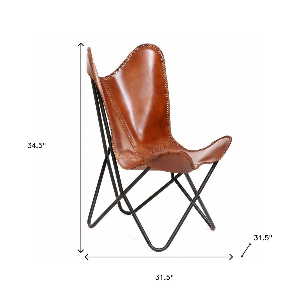 Brown and Black Genuine Leather Butterfly Chair - 32-inch