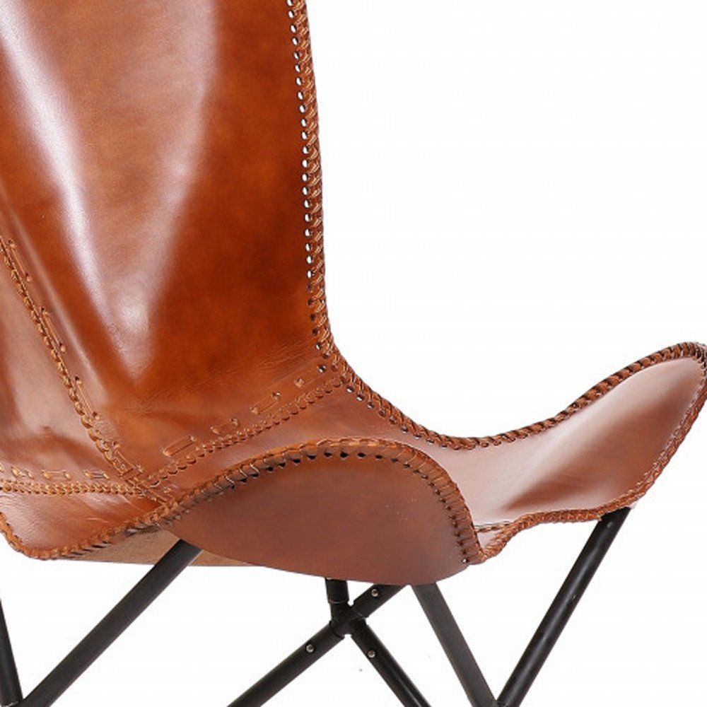 Brown and Black Genuine Leather Butterfly Chair - 32-inch