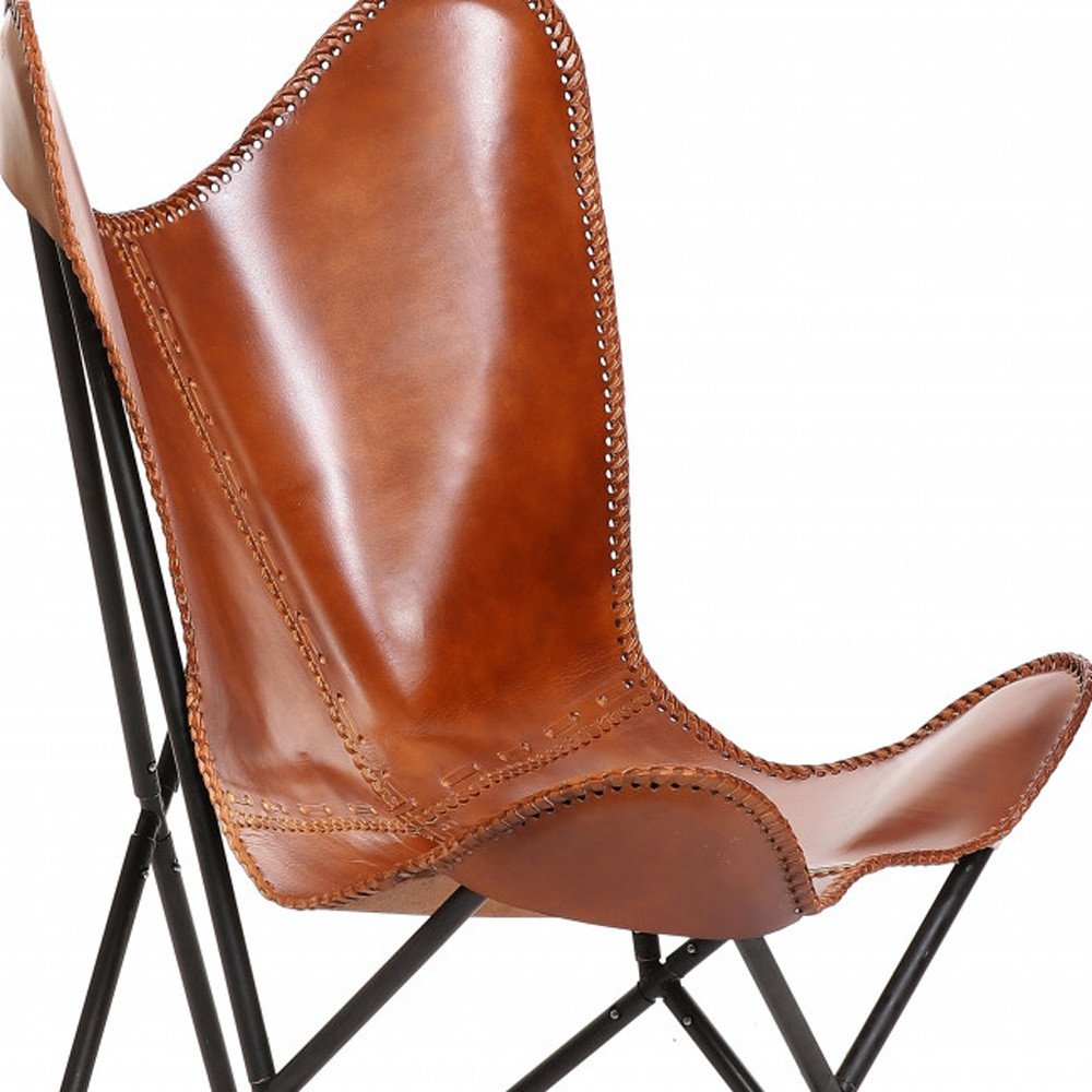 Brown and Black Genuine Leather Butterfly Chair - 32-inch