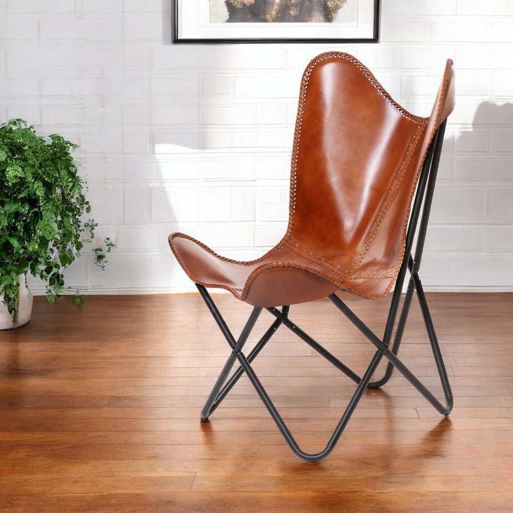 Brown and Black Genuine Leather Butterfly Chair - 32-inch
