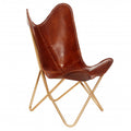 Brown and Gold Genuine Leather Butterfly Chair - 32-inch