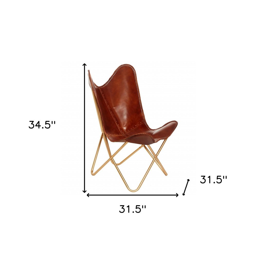 Brown and Gold Genuine Leather Butterfly Chair - 32-inch