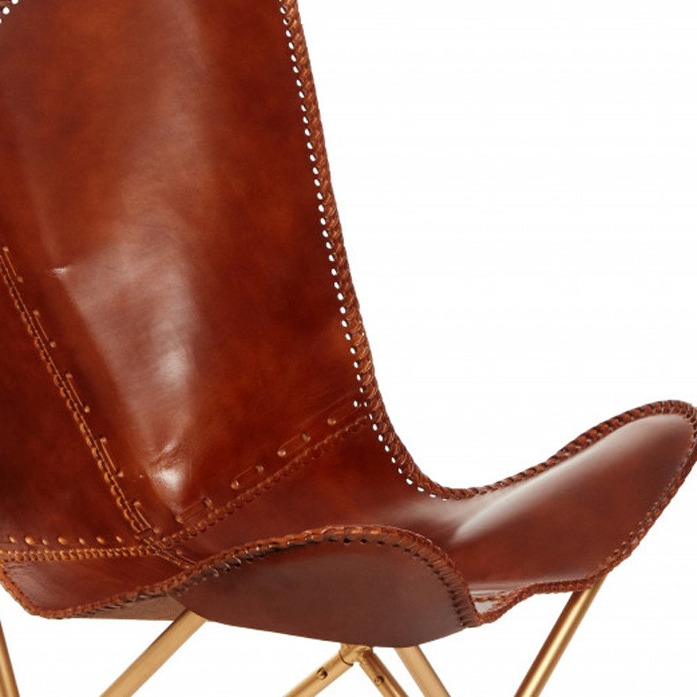 Brown and Gold Genuine Leather Butterfly Chair - 32-inch
