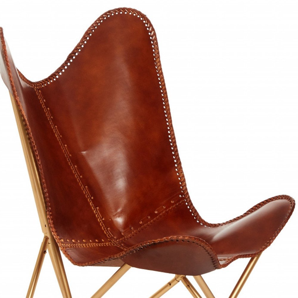 Brown and Gold Genuine Leather Butterfly Chair - 32-inch