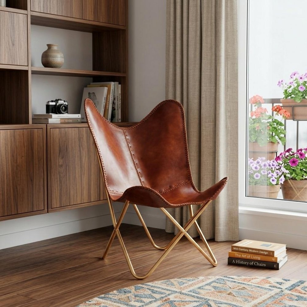 Brown and Gold Genuine Leather Butterfly Chair - 32-inch
