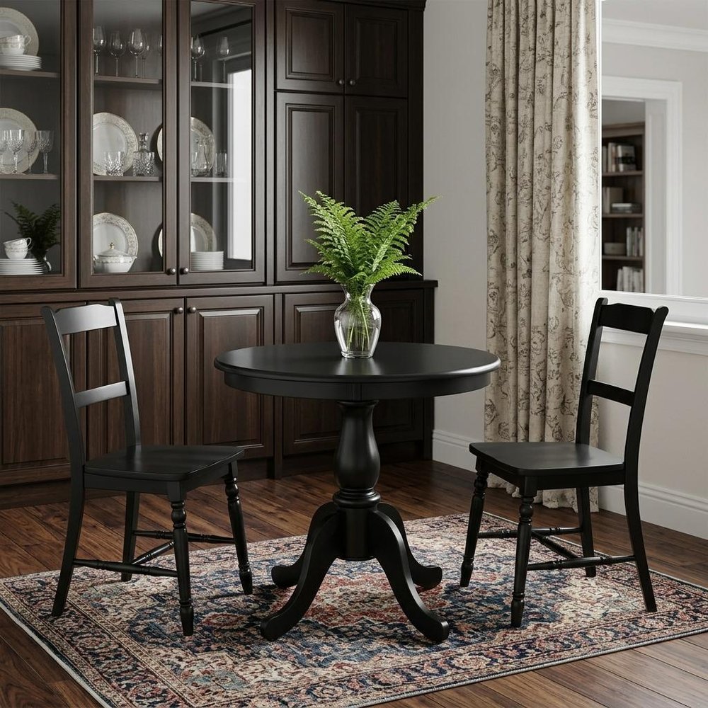 Black Rounded Solid Manufactured Wood and Solid Wood Pedestal Base Dining Table