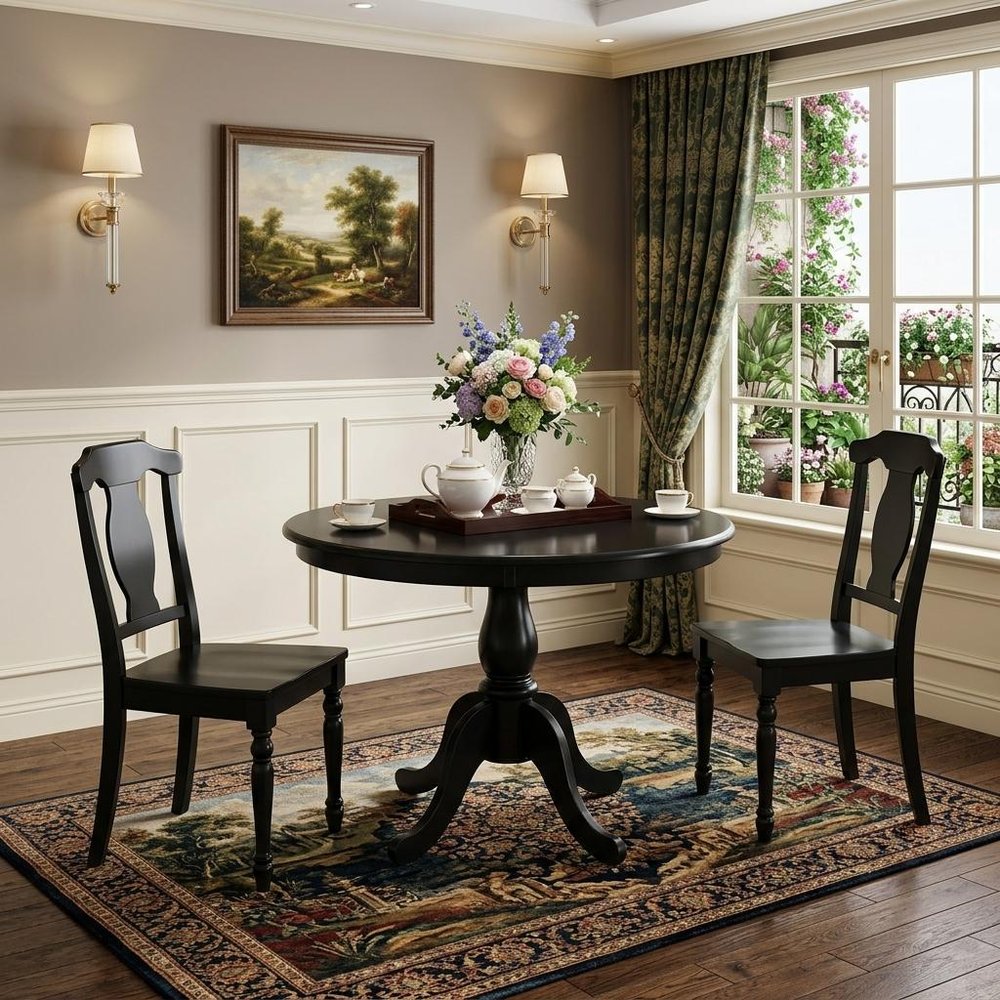 Black Rounded Solid Manufactured Wood and Solid Wood Pedestal Base Dining Table
