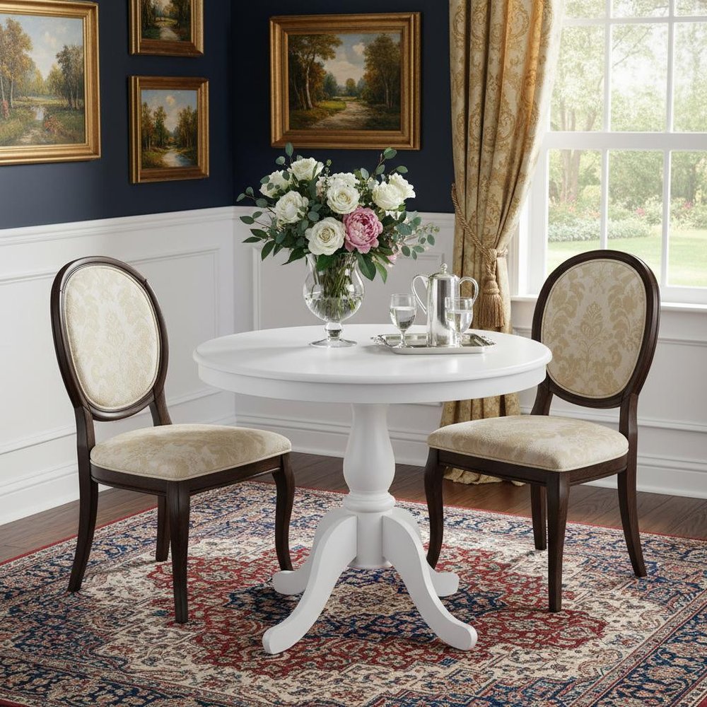 White Rounded Solid Manufactured Wood and Solid Wood Pedestal Base Dining Table
