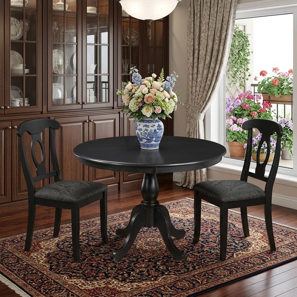 Black Rounded Solid Manufactured Wood and Solid Wood Pedestal Base Dining Table