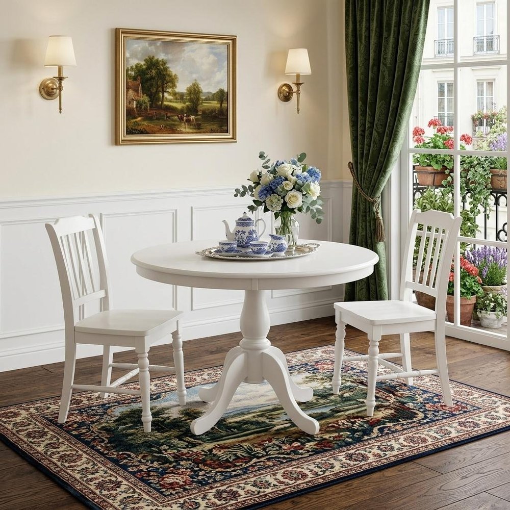 White Rounded Solid Manufactured Wood and Solid Wood Pedestal Base Dining Table