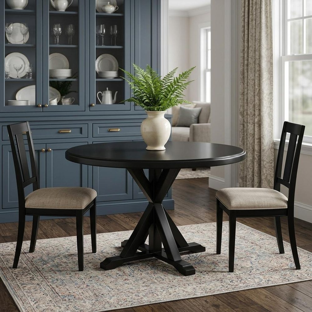 Black Wood Pedestal Base Round Top Dining Table - 48-inch