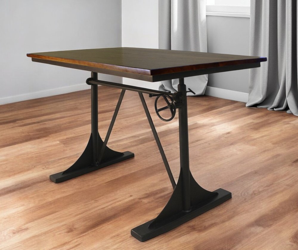 Brown and Black Solid Wood and Iron Trestle Base Dining Table
