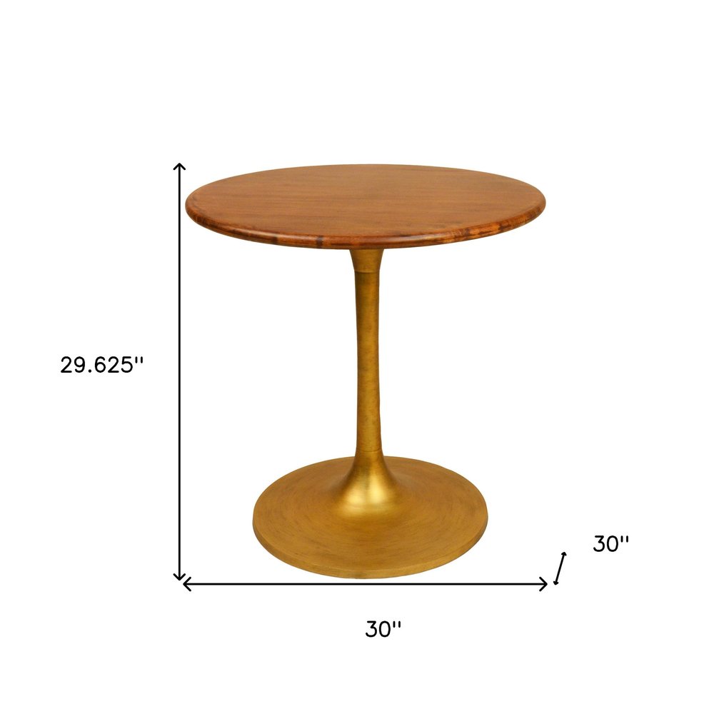 Brown and Gold Rounded Solid Wood and Iron Pedestal Base Dining Table