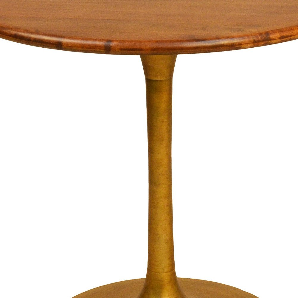 Brown and Gold Rounded Solid Wood and Iron Pedestal Base Dining Table