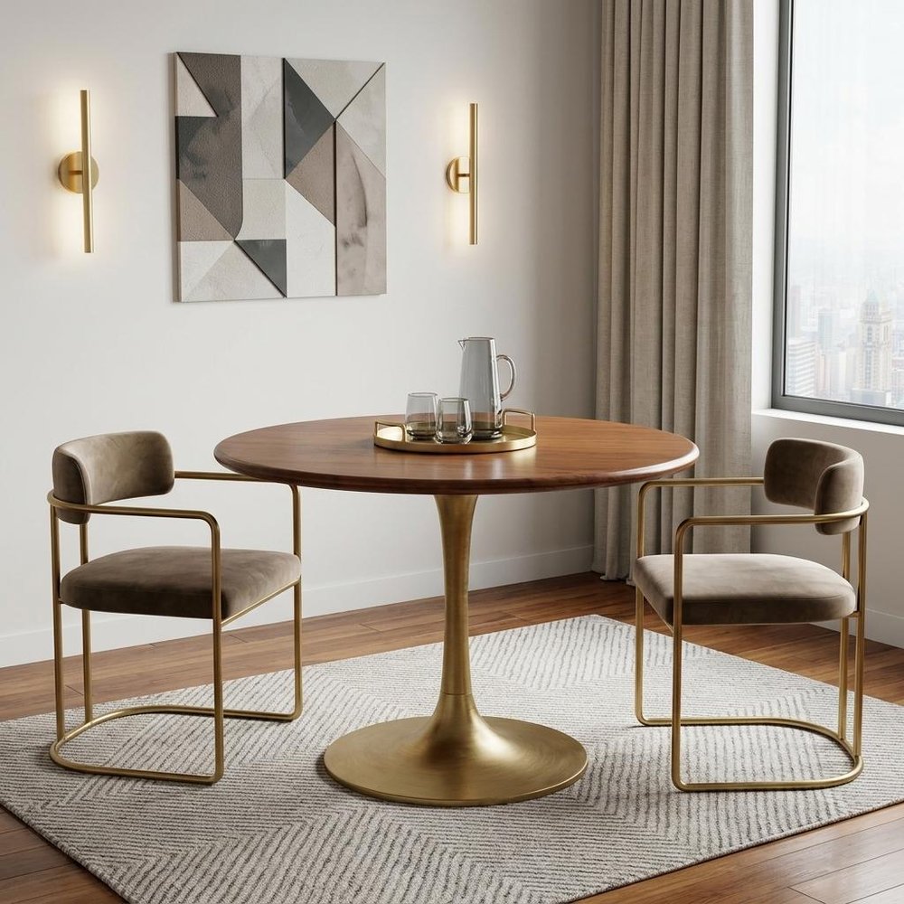 Brown and Gold Rounded Solid Wood and Iron Pedestal Base Dining Table