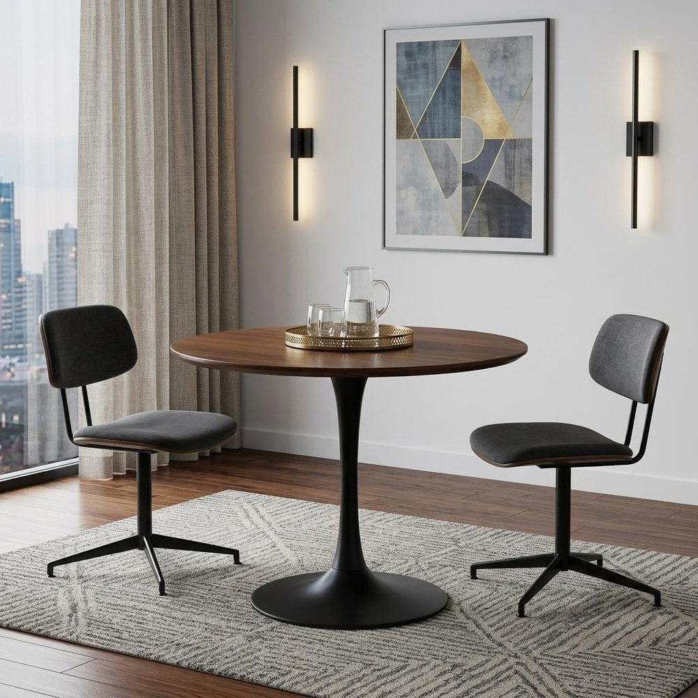 Brown and Black Rounded Solid Wood and Iron Pedestal Base Dining Table