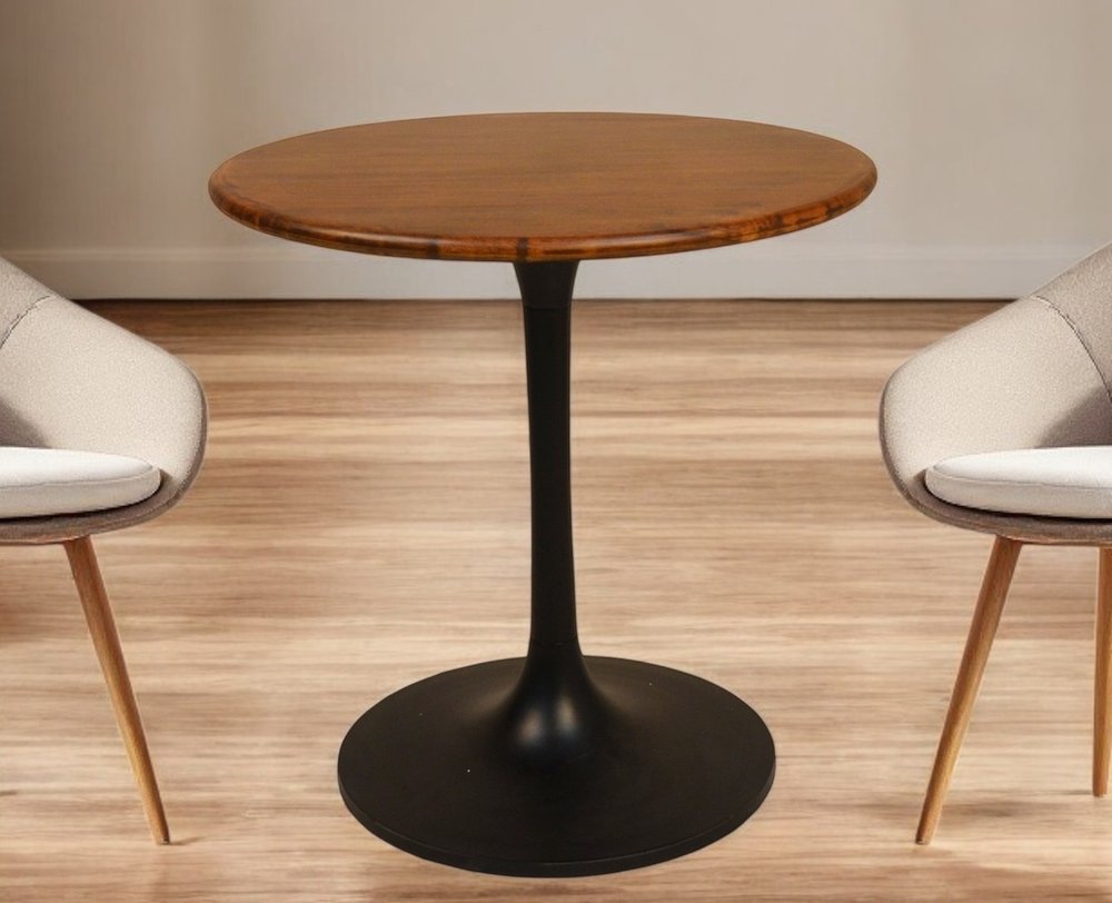 Brown and Black Rounded Solid Wood and Iron Pedestal Base Dining Table