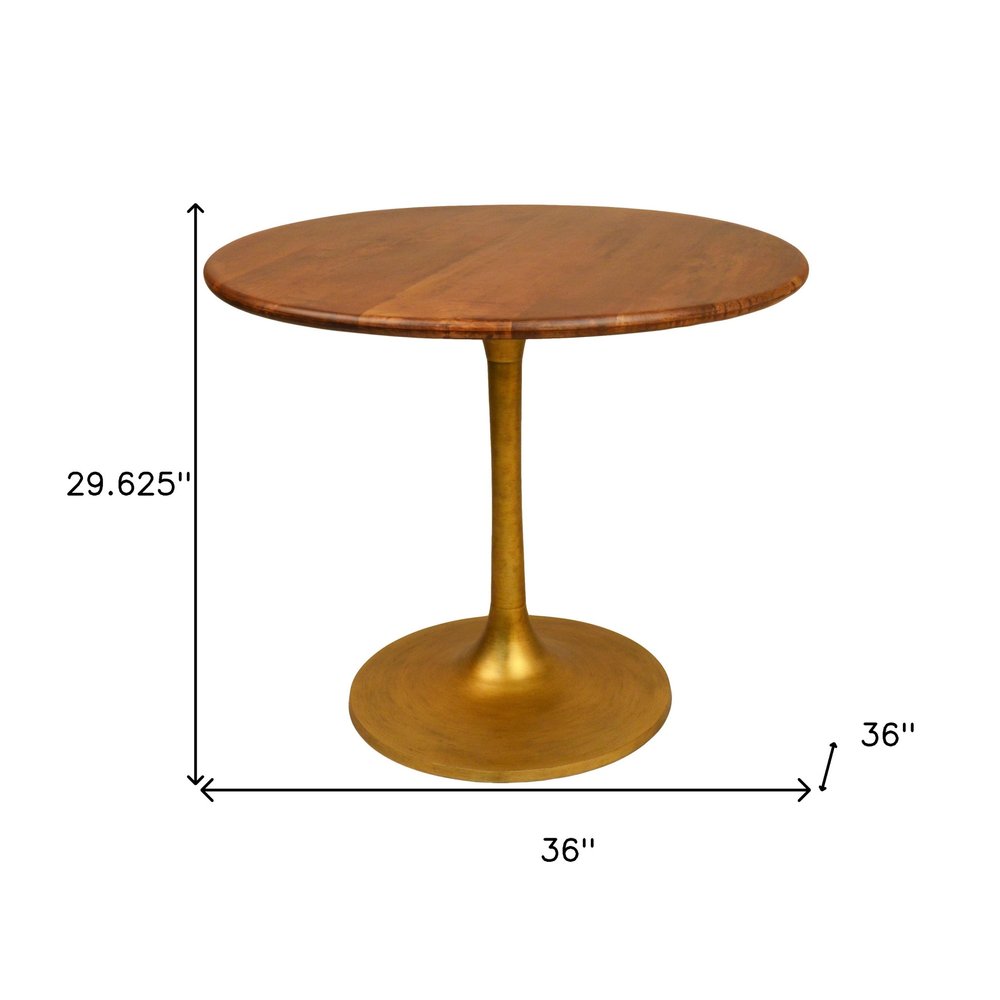 Brown and Gold Rounded Solid Wood and Iron Pedestal Base Dining Table