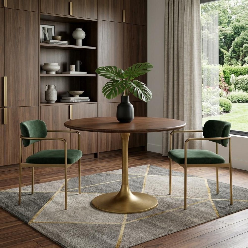 Brown and Gold Rounded Solid Wood and Iron Pedestal Base Dining Table