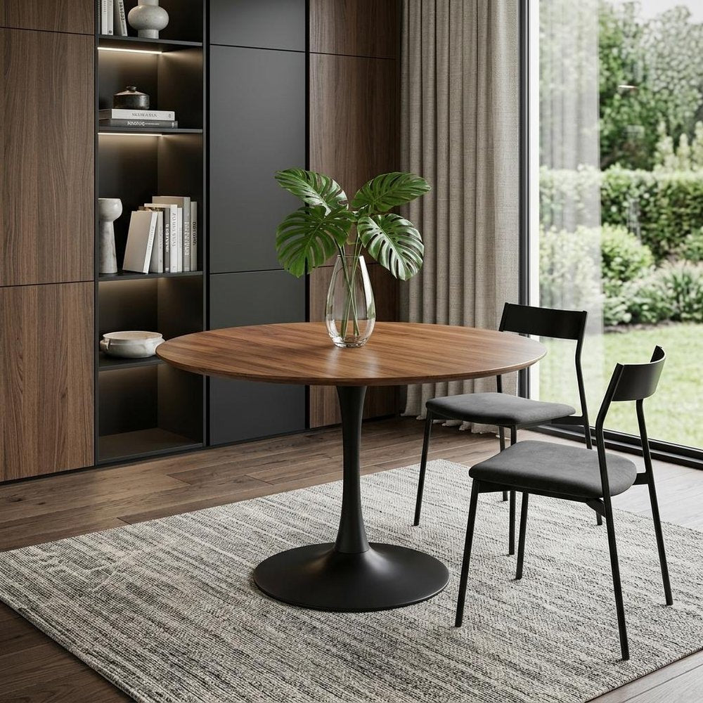 Brown and Black Rounded Solid Wood and Iron Pedestal Base Dining Table