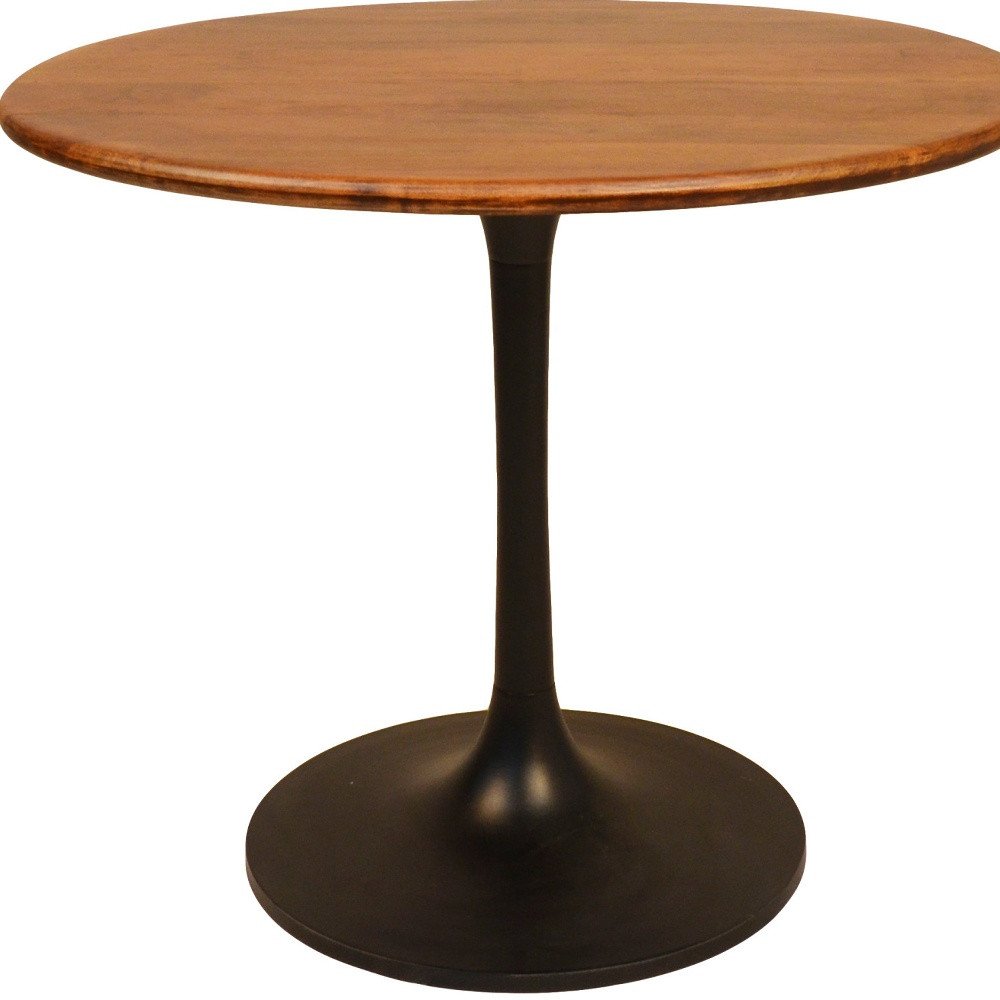 Brown and Black Rounded Solid Wood and Iron Pedestal Base Dining Table
