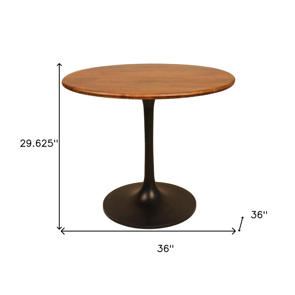 Brown and Black Rounded Solid Wood and Iron Pedestal Base Dining Table