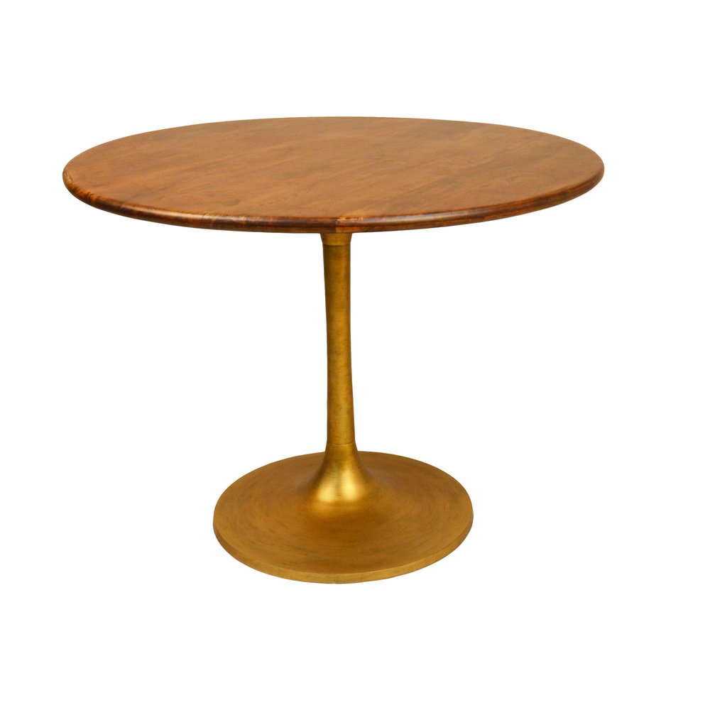 Brown and Gold Rounded Solid Wood and Iron Pedestal Base Dining Table