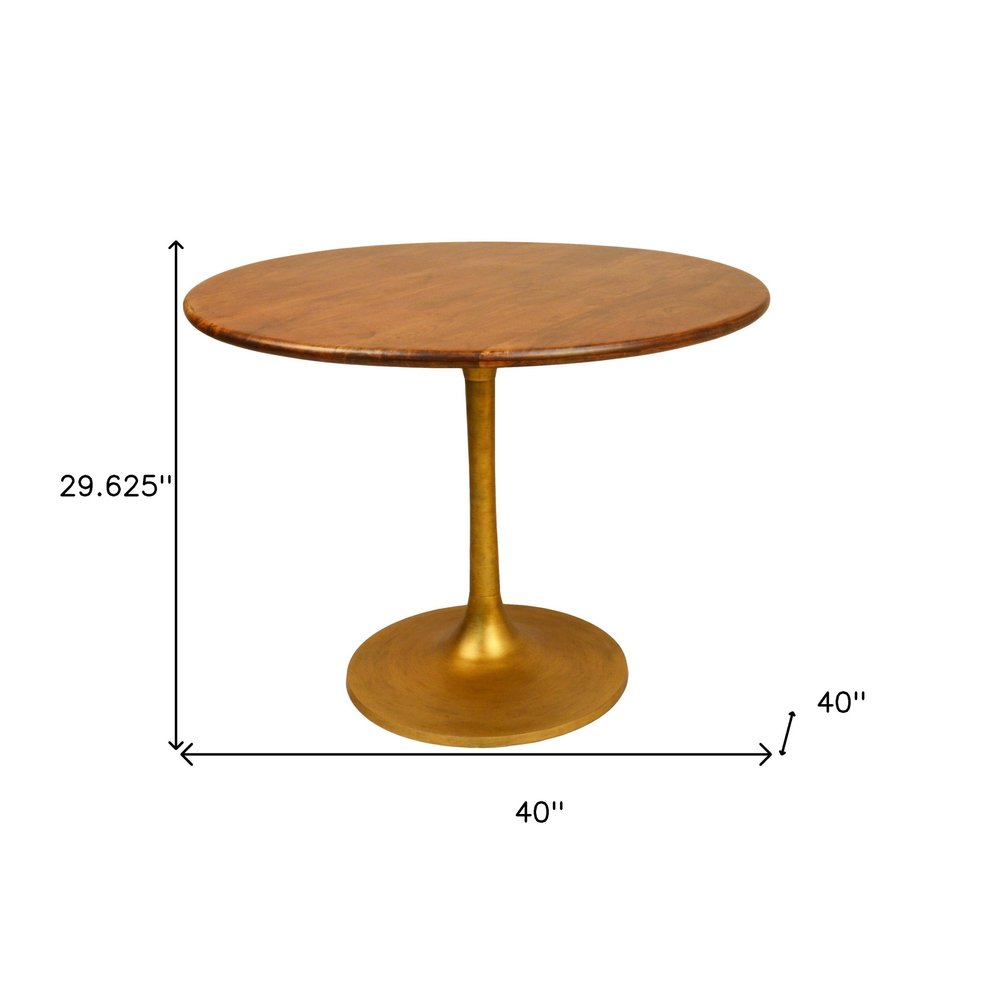 Brown and Gold Rounded Solid Wood and Iron Pedestal Base Dining Table