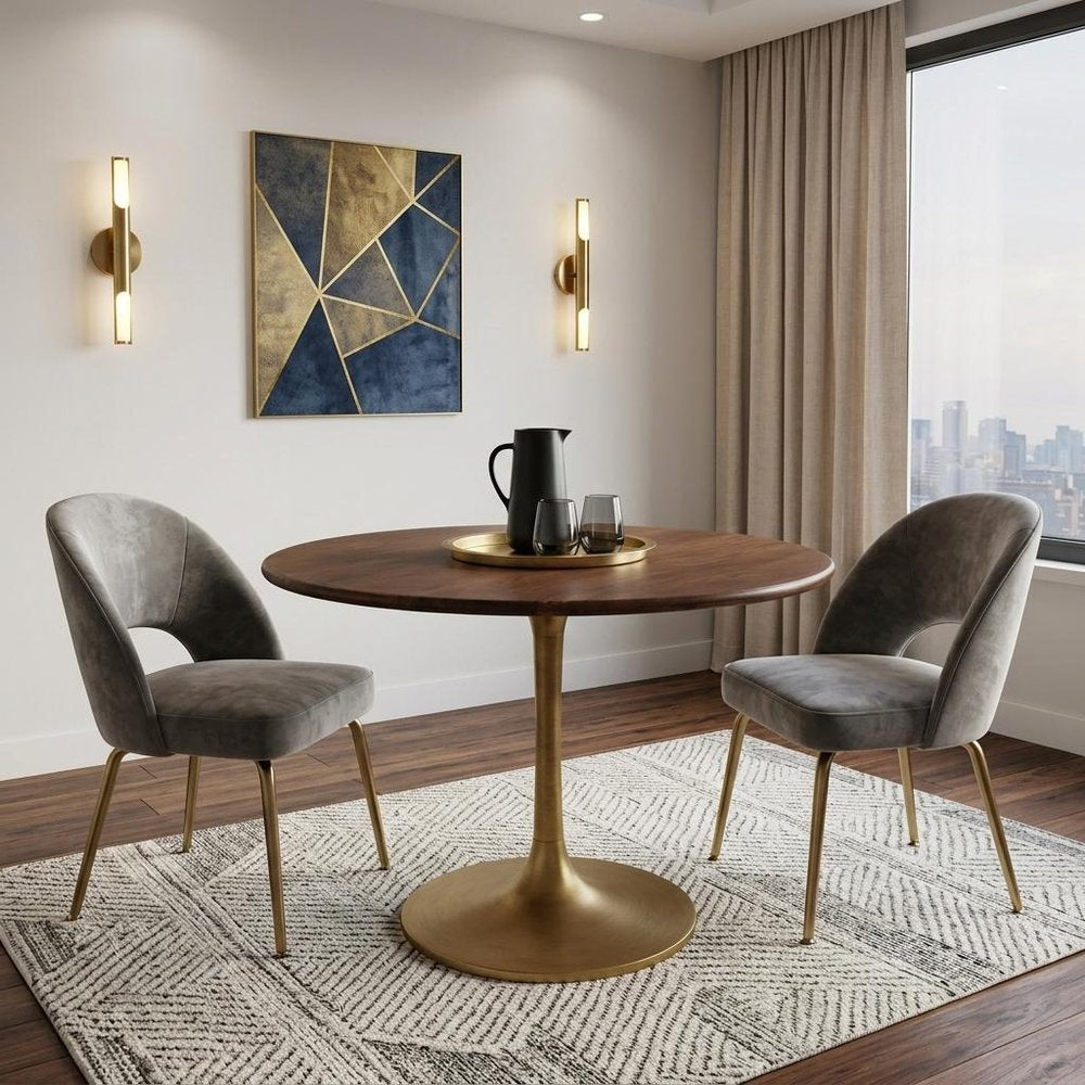 Brown and Gold Rounded Solid Wood and Iron Pedestal Base Dining Table