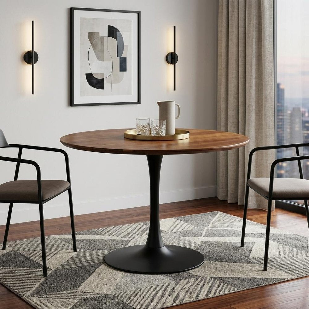Brown and Black Rounded Solid Wood and Iron Pedestal Base Dining Table