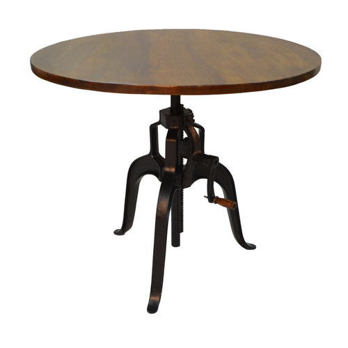 Adjustable Height Brown and Black Solid Wood and Iron Pedestal Base Round Top Dining Table
