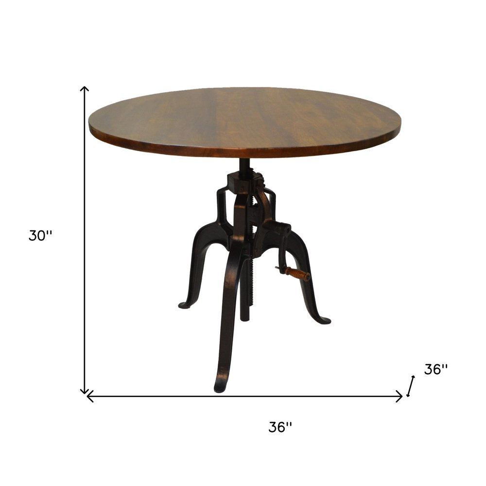 Adjustable Height Brown and Black Solid Wood and Iron Pedestal Base Round Top Dining Table