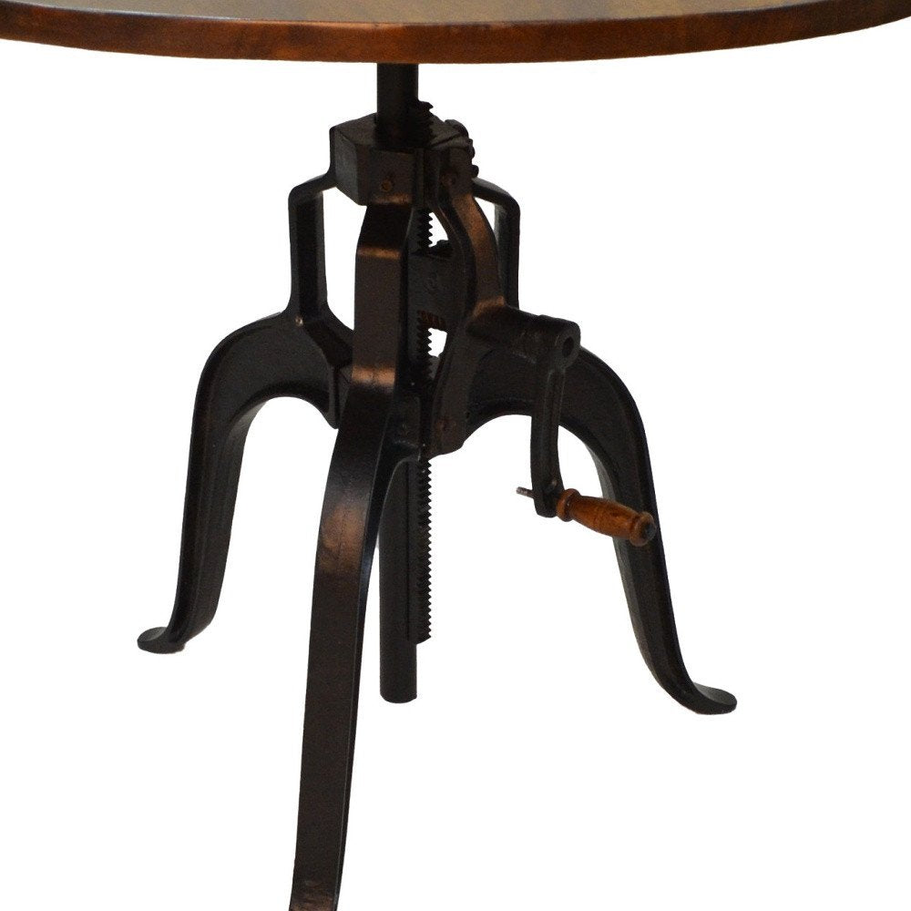 Adjustable Height Brown and Black Solid Wood and Iron Pedestal Base Round Top Dining Table